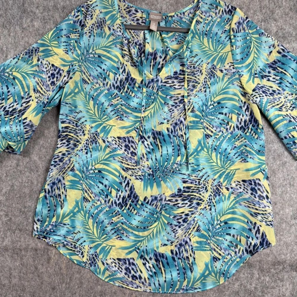 Chico's Turquoise, Teal & Yellow Tropical Print Blouse